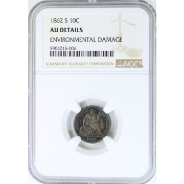 1862-S Seated Dime NGC AU details Environmental damage
Rare date