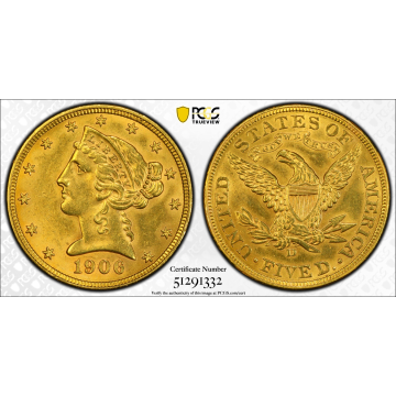 1906-D $5 Liberty PCGS Unc Details, Cleaned