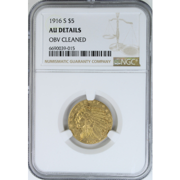 1916-S $5 Indian NGC AU details Obverse Cleaned  Rare date in any grade