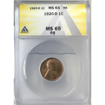 1920-D 1C Lincoln Cent - Type 1 Wheat Reverse ANACS MS65 RB