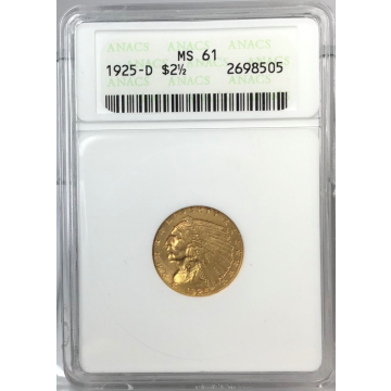 1925-D $2.50 Indian Head ANACS MS61