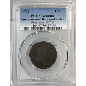 1722 1/2 P Rosa Amer DEI GRATIA Colonials - Rosa Americana Coins PCGS Genuine F Detail