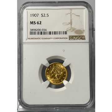 1907 $2.50 Liberty NGC MS62 chips on case as shown in pics