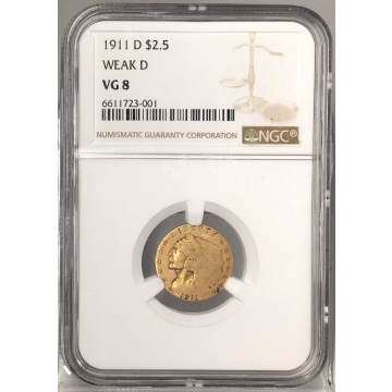 1911-D Weak D $2.50 Indian NGC VG8
Key date of series, this one you can see the "D"