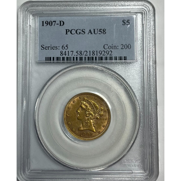 1907-D $5 Liberty Head Half Eagle PCGS AU58