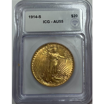 1914-S $20 St Gaudens ICG AU55