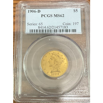 1906-D $5 Liberty Head Half Eagle PCGS MS62