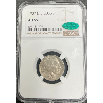 1937-D 3 LEGS Buffalo Nickel Type 2 5C NGC AU55 (CAC)  Key date of the series