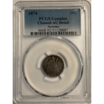 1874 10C Arrows Liberty Seated Dime PCGS AU Details, Cleaned