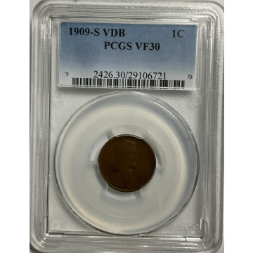 1909-S VDB 1C Lincoln Cent - Type 1 Wheat Reverse PCGS VF30BN