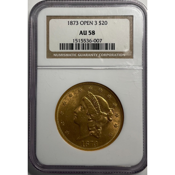 1873 OPEN 3 Liberty Double Eagle Type 2 $20 NGC AU58