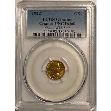 GRANT, WITH STAR 1922 G$1 Gold Commemorative PCGS UNC DETAILS CLEANED