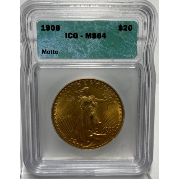 1908 $20 St. Gaudens WITH MOTTO ICG MS64