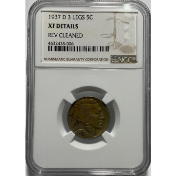 1937-D 3 Legs Buffalo 5c NGC XF Details, Reverse cleaned