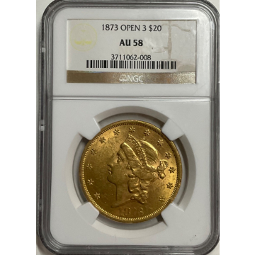 1873 Open 3 $20 Liberty NGC AU58