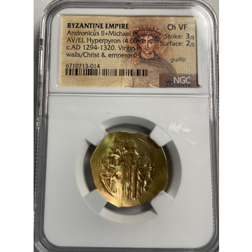 Byzantine Empire Andronicus II + Michael AV/EL Hyperpyron
c.AD 1294-1320 NGC CH VF