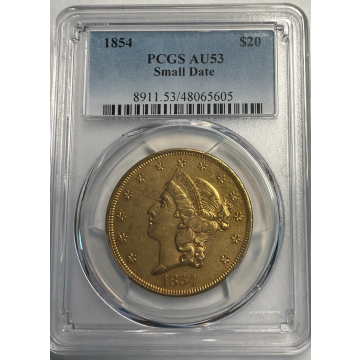 1854 $20 Liberty Small Date PCGS AU53