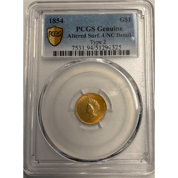 1854 G$1 TY2 PCGS Unc Detail, Altered Surface