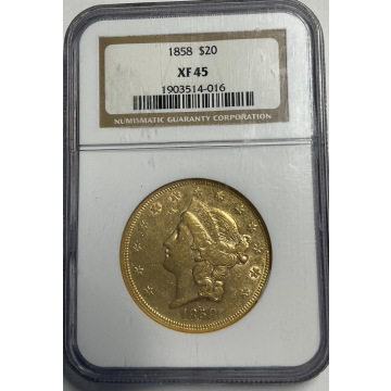 1858 $20 Liberty TY1 NGC XF45