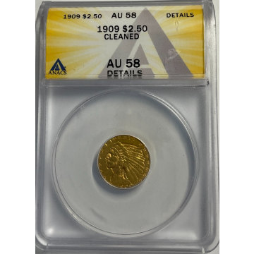 1909 $2.50 Indian ANACS AU58 Details, Cleaned
