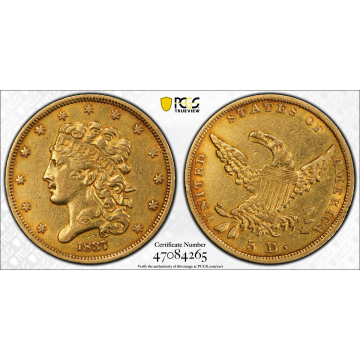 1837 Classic $5 Liberty PCGS AU Details, Cleaned