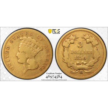 1856-S $3 Three Dollar PCGS Good Details Cleaned