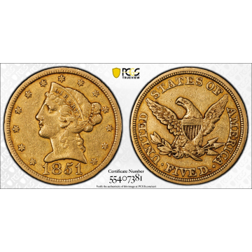 1851 $5 Liberty Head Half Eagle PCGS XF40
