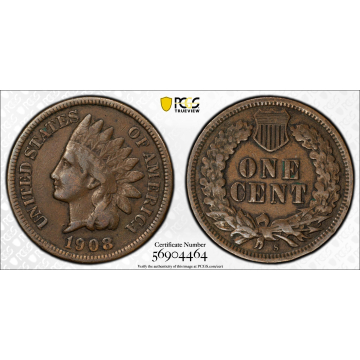1908-S 1C Indian Cent - Type 3 Bronze PCGS VF25BN