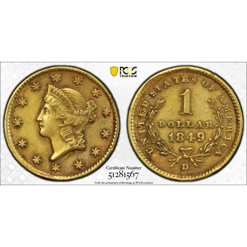 1849-D G$1 Gold Dollar PCGS XF DETAILS, CLEANED