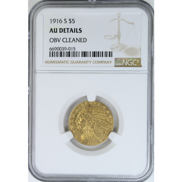1916-S $5 Indian NGC AU details Obverse Cleaned Rare date in any grade