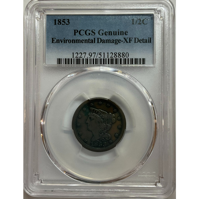 1853 1/2C Braided Hair Half Cent PCGS XF Details Environmental Damage
