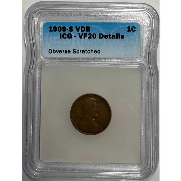 1909-S VDB 1C Lincoln Cent - Type 1 Wheat Reverse ICG VF Details Scratched