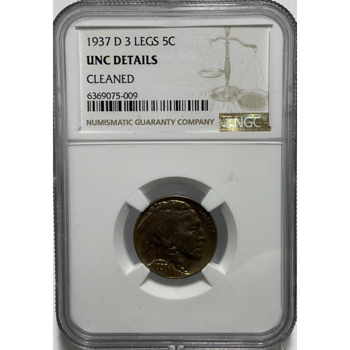 1937-D 3 Legged Buffalo 5c NGC UNC Details Cleaned