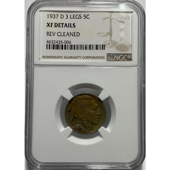 1937-D 3 Legs Buffalo 5c NGC XF Details, Reverse cleaned
