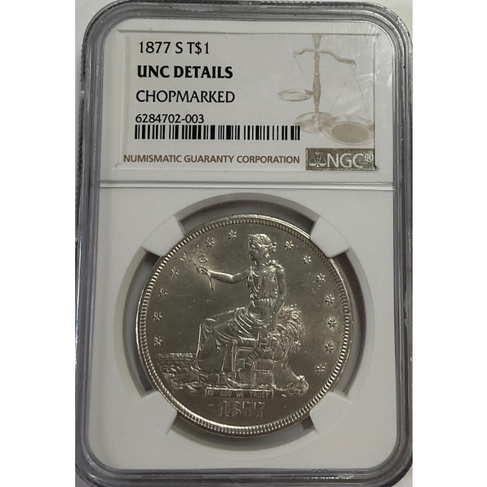 1877-S Trade $1 NGC Unc Details Chopmarked