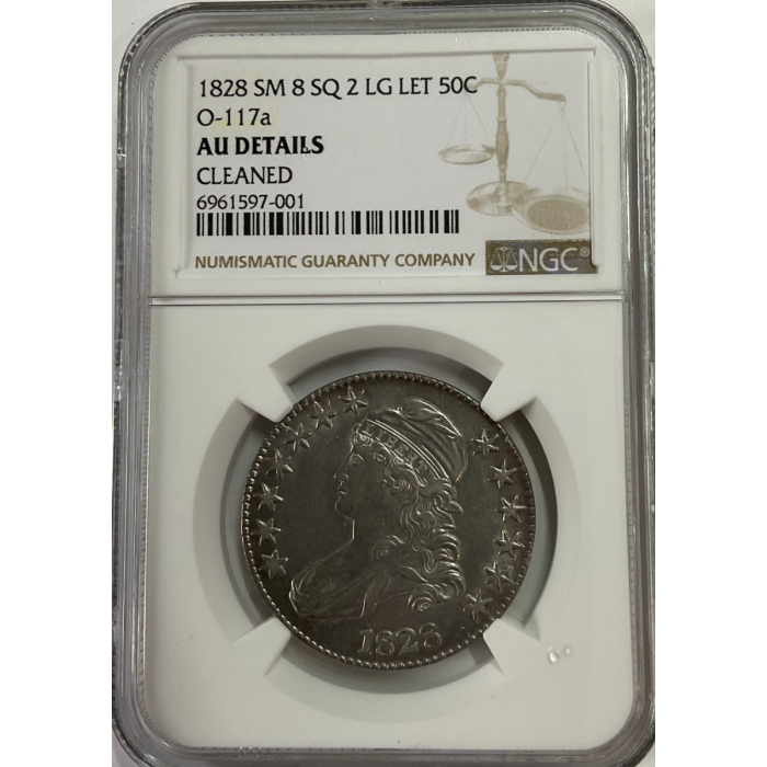 1828 Bust Half Dollar Sm8, Sq2, LG Letters NGC AU Details
Cleaned O-117a