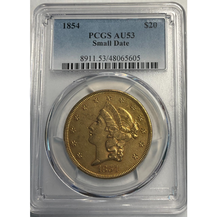 1854 $20 Liberty Small Date PCGS AU53