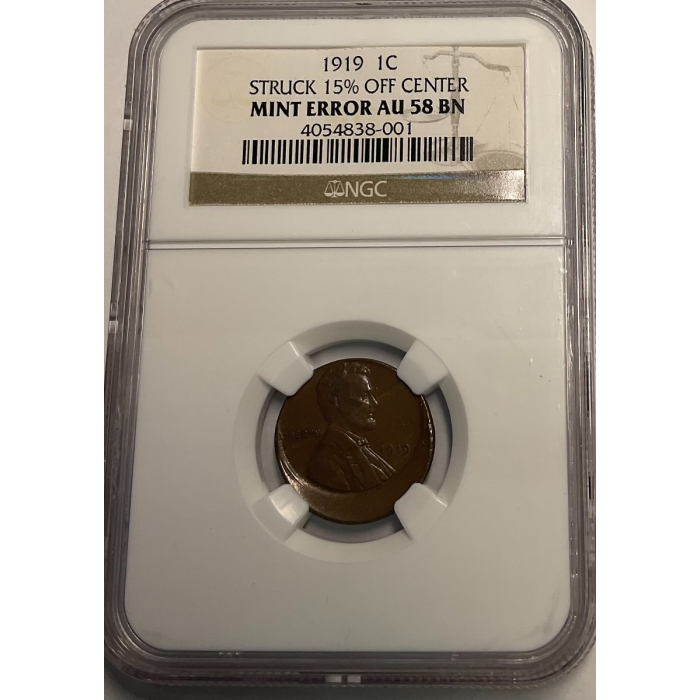 1919 Lincoln 1c Struck 15% off center NGC Mint Error AU58 BN
