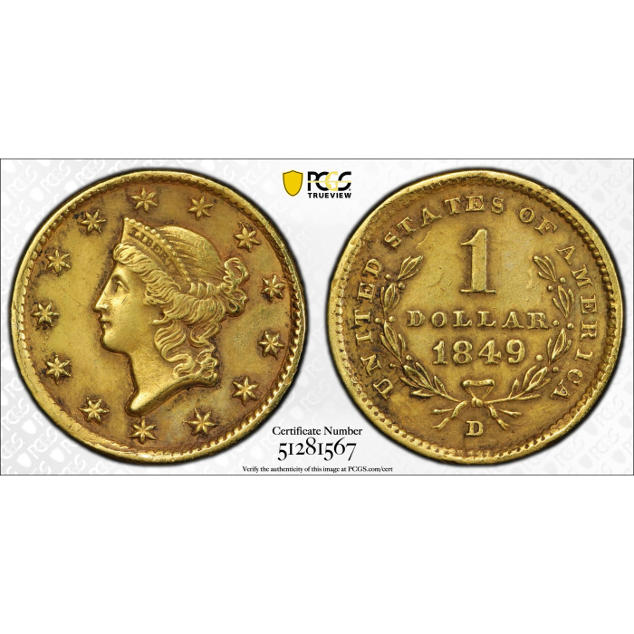 1849-D G$1 Gold Dollar PCGS XF DETAILS, CLEANED